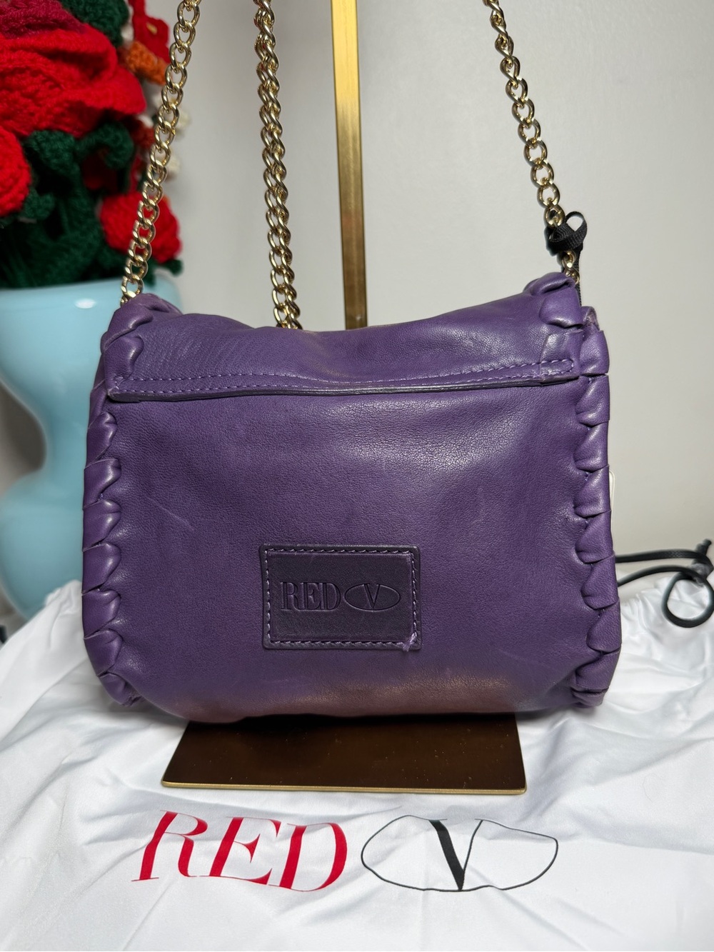 RED Valentino Purple Leather Bow Shoulder Bag with Gold Chain - Picture 5 of 9
